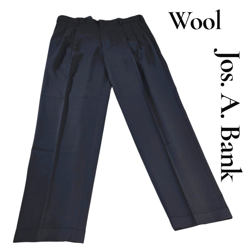 Jos. A. Bank Dress Pants Mens 38x32 Black 100% Wool Pleated Traveler Slacks